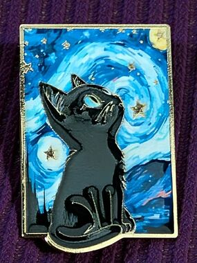 Black Cat Enamel Pin with Van Gogh Inspired Starry Blue Background